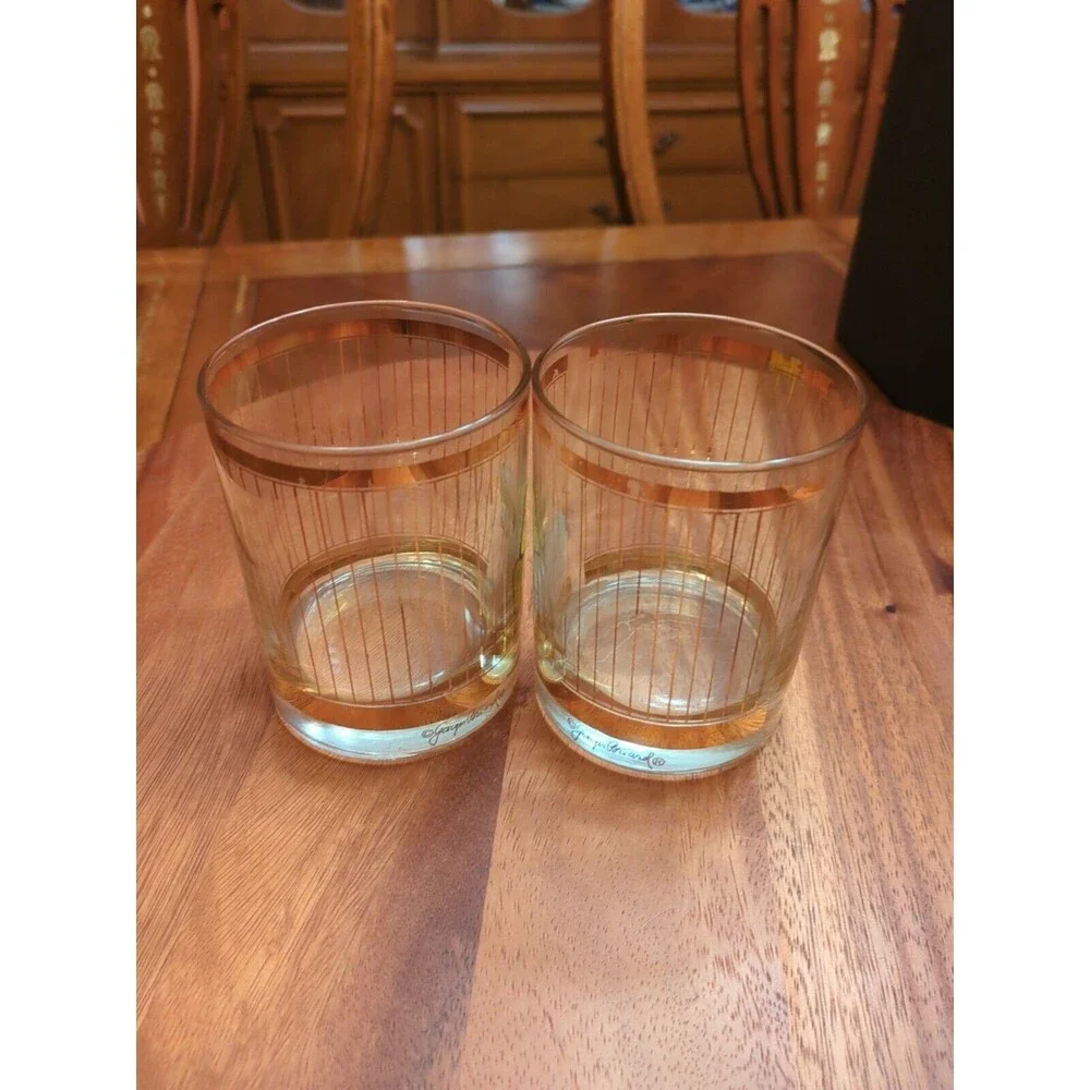 Georges Briard Signed Gold Plaid Double Old Fashioned Glasses Set 3